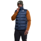 Mountain Equipment Lightline Men's Vest in Navy - side view showing 700 fill power down insulation and low bulk active fit