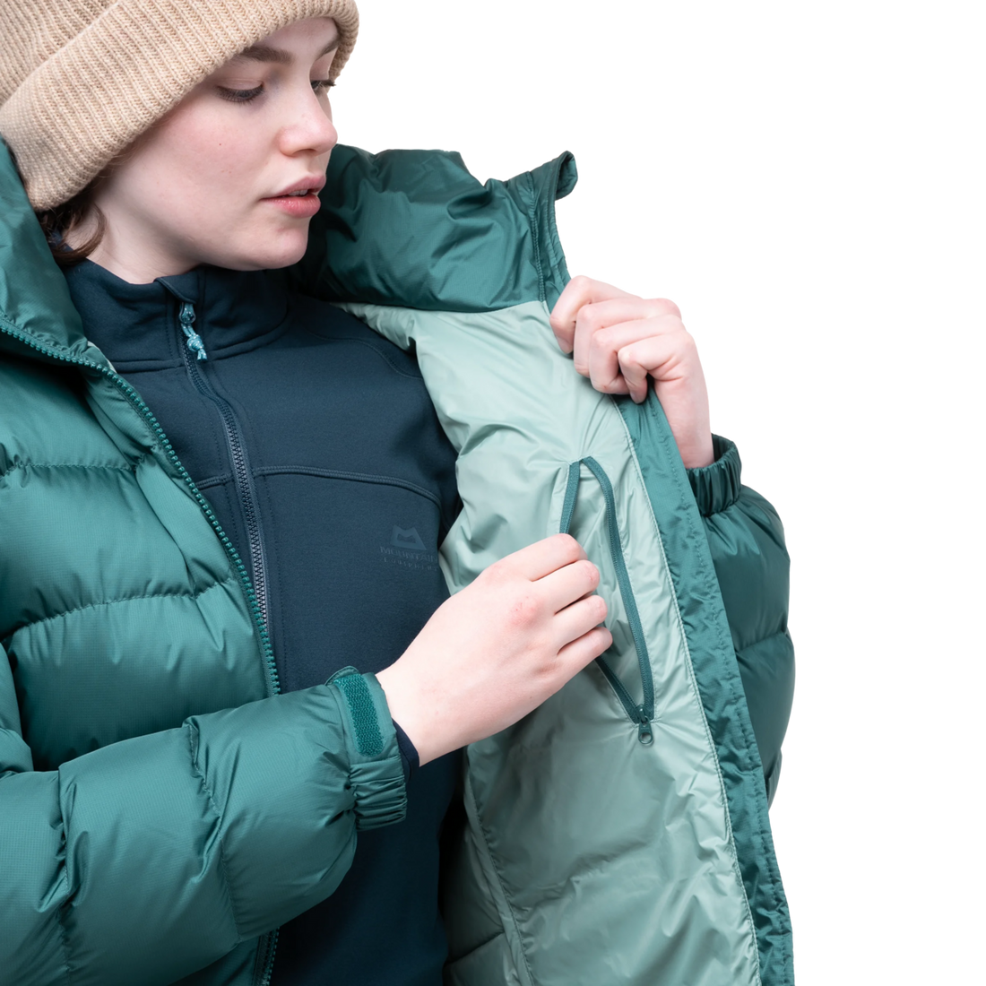 Mountain Equipment Lightline Women's Jacket in Deep Teal - back view showing stitch-through baffle construction and Mountain fit