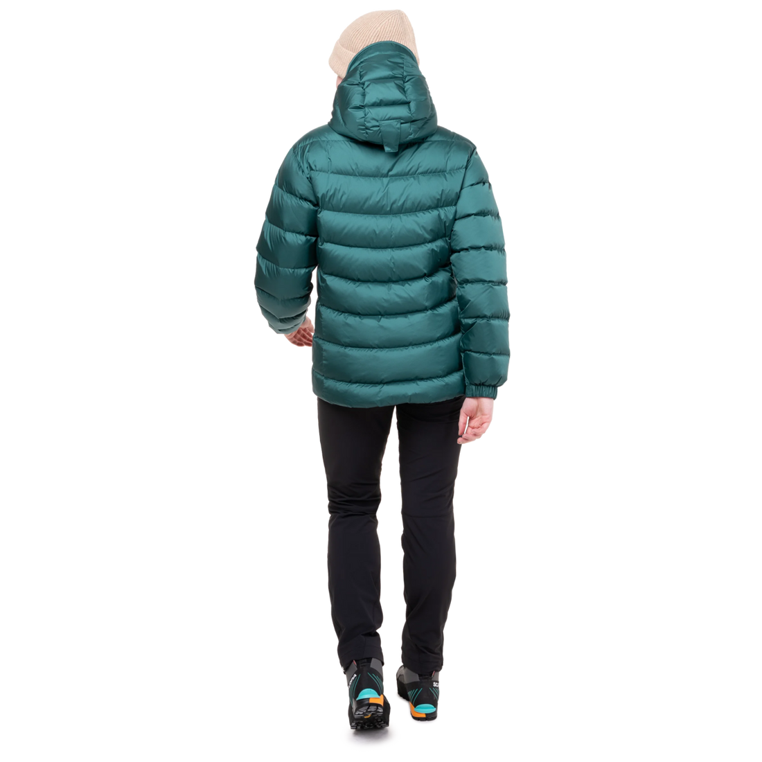 Stitch-through baffle construction detail on Mountain Equipment Lightline Women's Jacket in Deep Teal showing 700 fill power down insulation