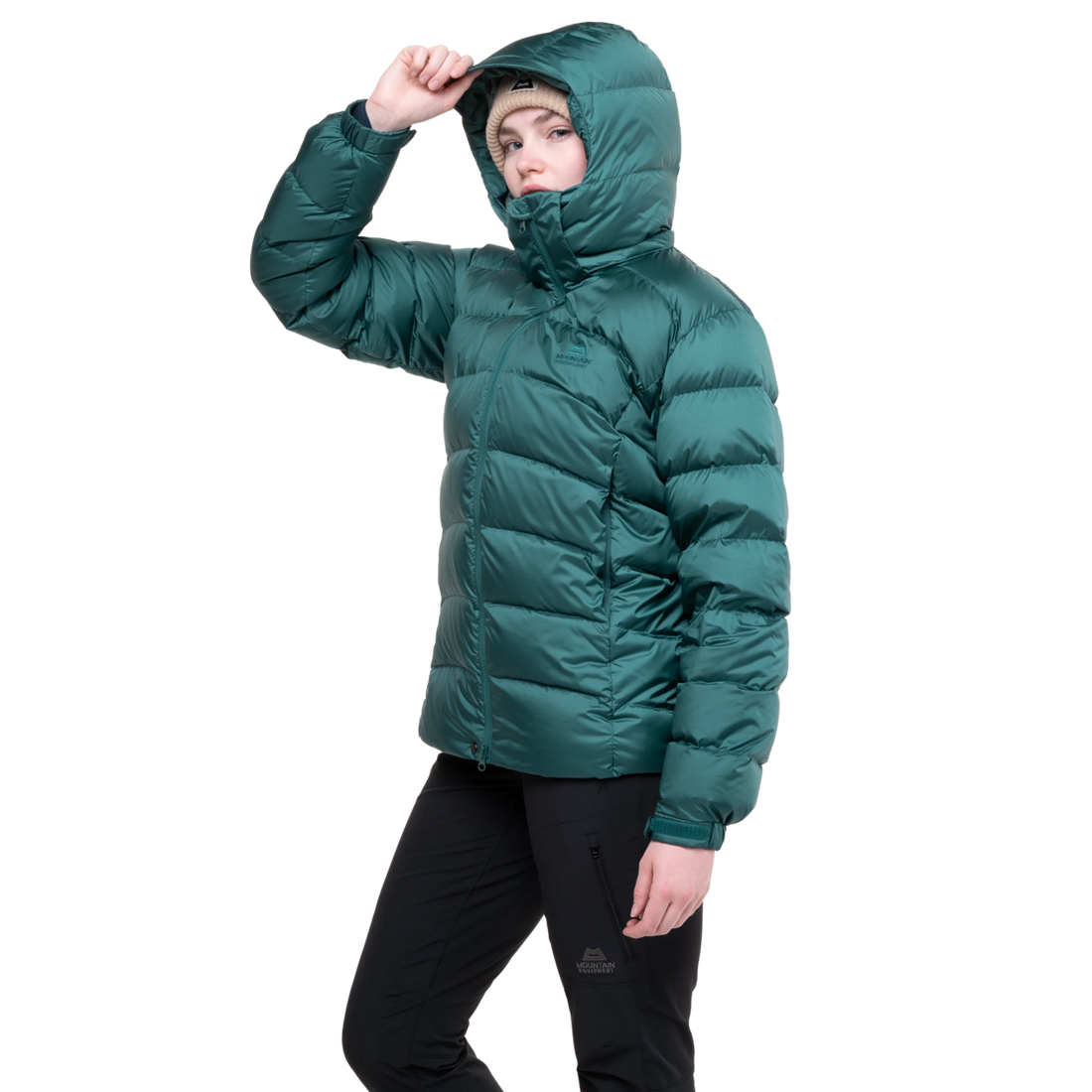 Zip-off Mountain Insulated Hood detail on Mountain Equipment Lightline Women's Jacket in Deep Teal