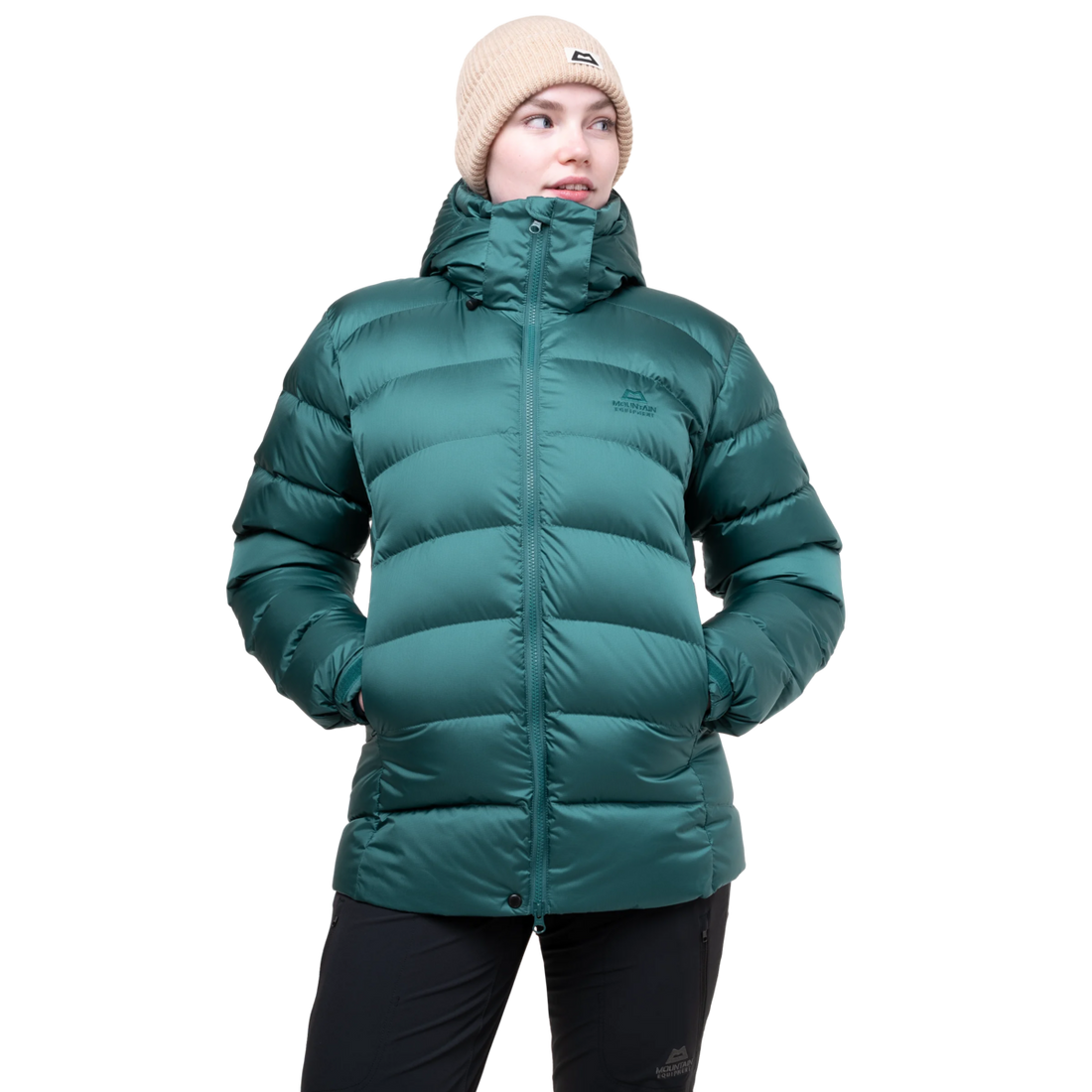Zipped hand warmer pocket detail on Mountain Equipment Lightline Women's Jacket in Deep Teal