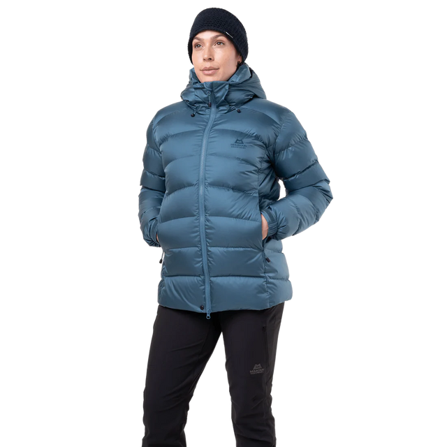 Mountain Equipment Lightline Women's Jacket in Stellar Blue - front view showing Drilite Loft outer and zip-off Mountain Insulated Hood