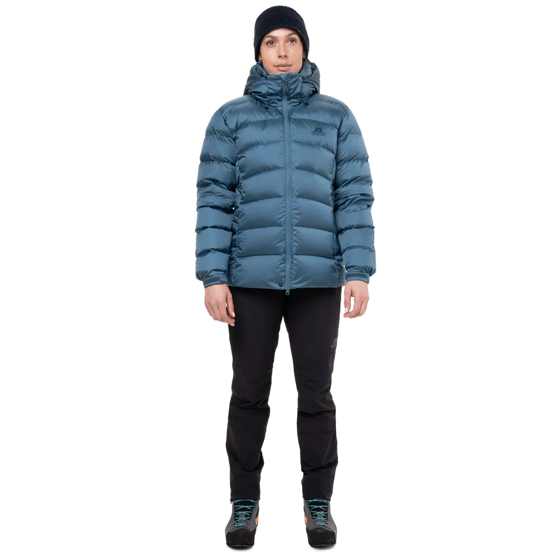 2-way YKK moulded centre front zip detail on Mountain Equipment Lightline Women's Jacket in Stellar Blue