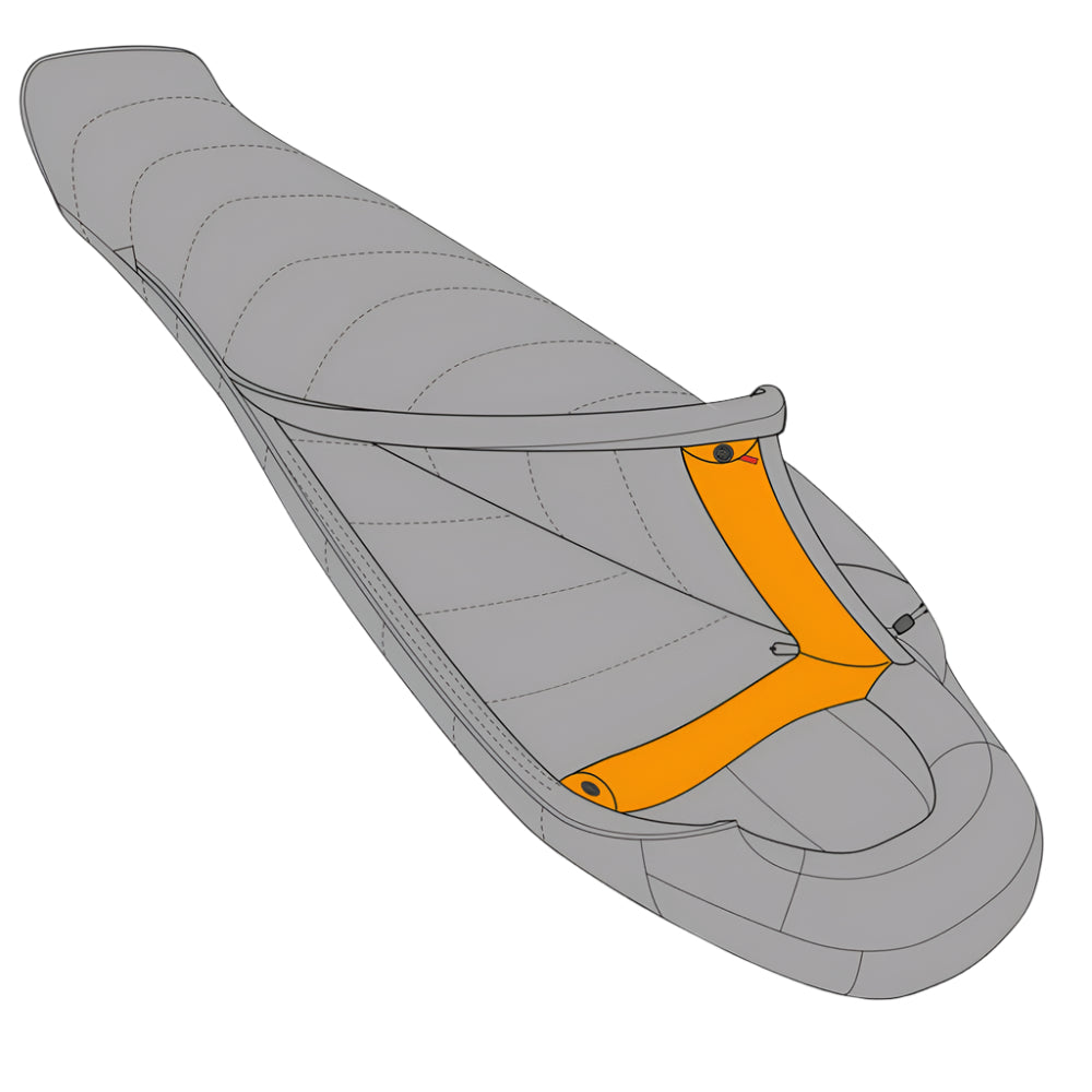 Anatomically shaped foot box detail on Mountain Equipment Nova II Women's Sleeping Bag in Ink/Pumpkin Spice