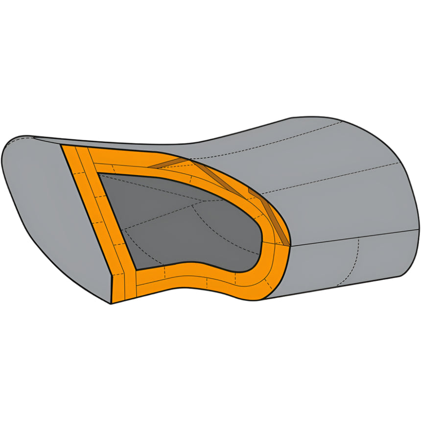 Anatomically shaped foot box detail on Mountain Equipment Nova III Women's Sleeping Bag in Ink/Pumpkin Spice