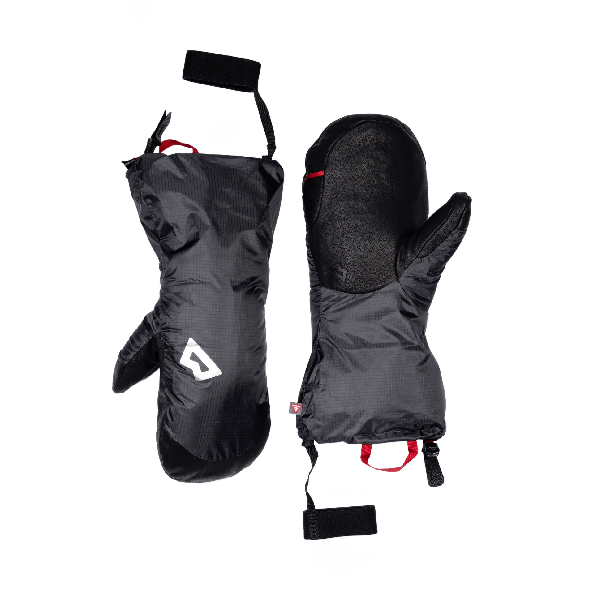 Hook and loop closure detail on Mountain Equipment Redline Mitt in Obsidian/Black to keep the mitt dry when removed