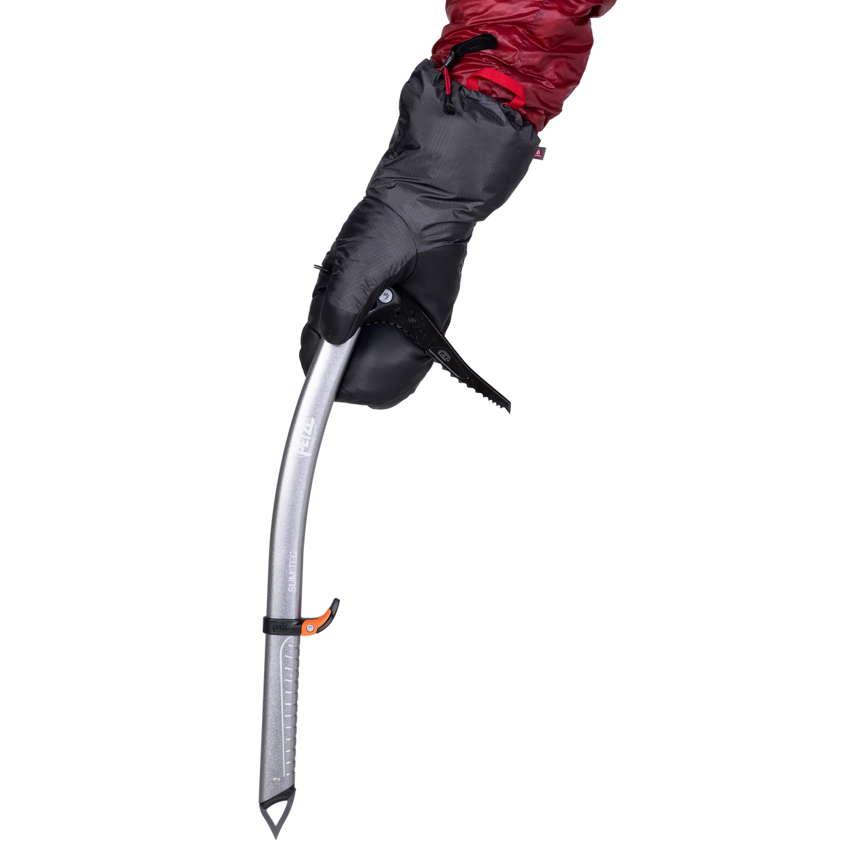 Mountain Equipment Redline Mitt in Obsidian/Black - worn while gripping an ice axe showing pre-curved design and goatskin leather palm grip