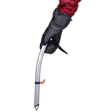 Mountain Equipment Redline Mitt in Obsidian/Black - worn while gripping an ice axe showing pre-curved design and goatskin leather palm grip
