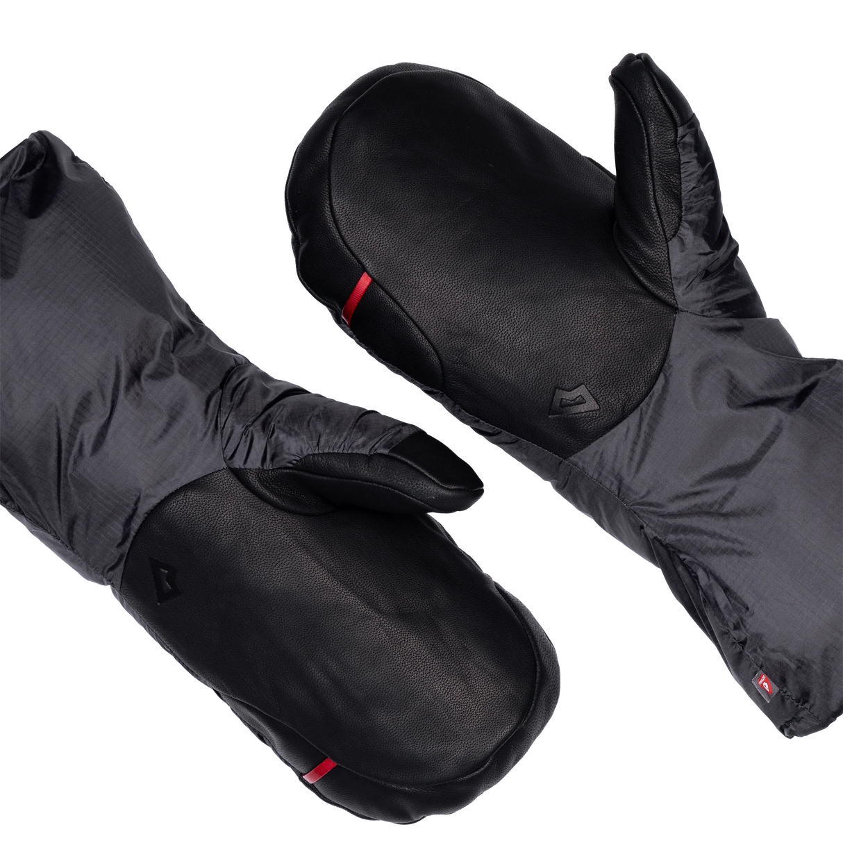 Mountain Equipment Redline Mitt in Obsidian/Black - paired diagonal palm view showing water-resistant goatskin leather reinforcements