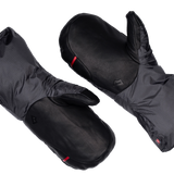 Mountain Equipment Redline Mitt in Obsidian/Black - paired diagonal palm view showing water-resistant goatskin leather reinforcements