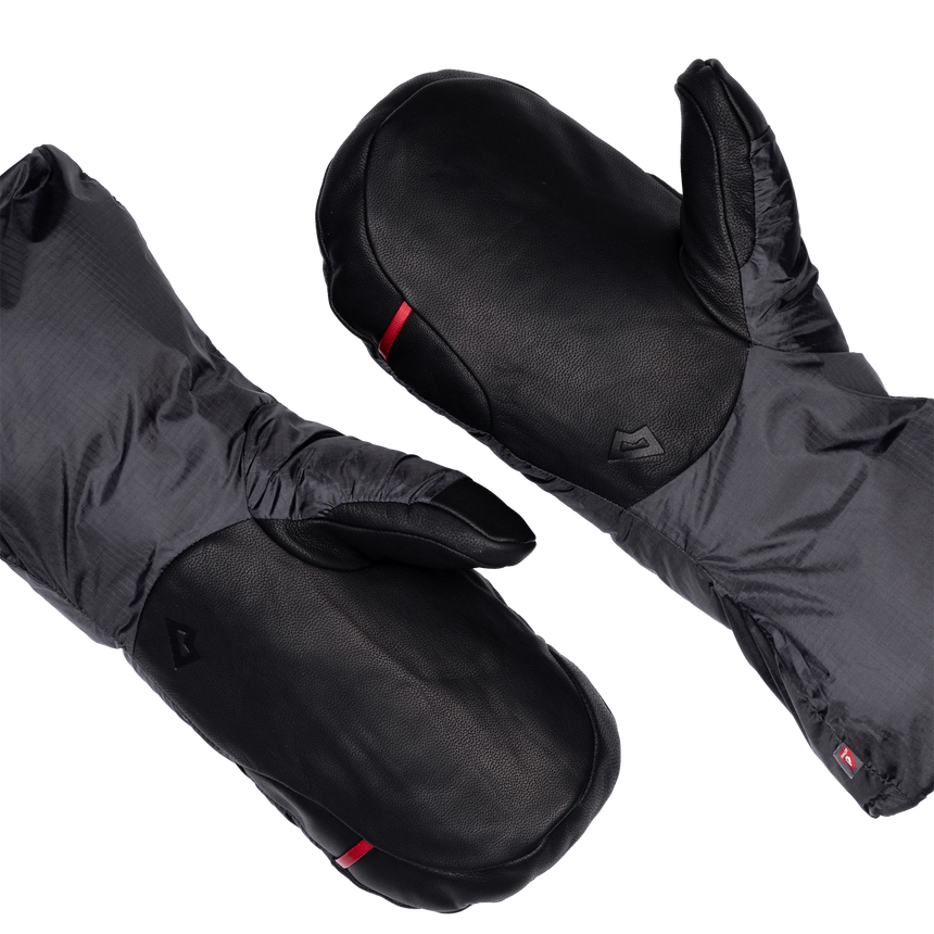 Mountain Equipment Redline Mitt in Obsidian/Black - paired diagonal palm view showing water-resistant goatskin leather reinforcements
