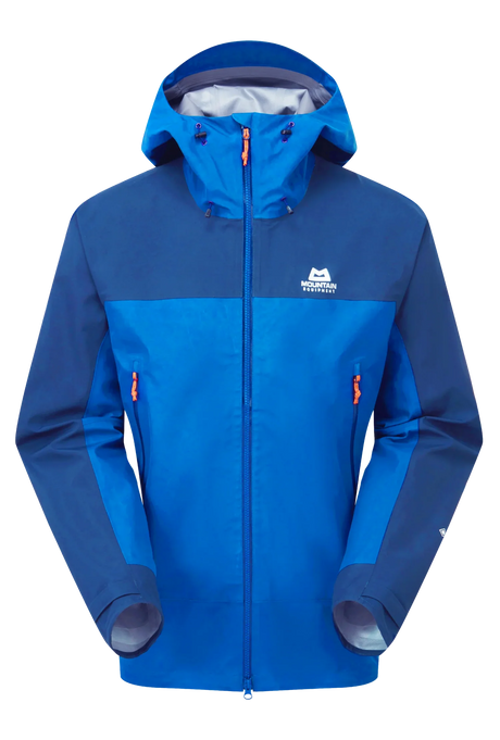 Mountain Equipment Saltoro GORE-TEX Men's Jacket in Atlantic/Admiral - front view showing next-gen GORE-TEX ePE membrane and Alpine fit construction