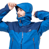 Fully adjustable helmet-compatible Mountain Hood detail on Mountain Equipment Saltoro GORE-TEX Men's Jacket in Atlantic/Admiral