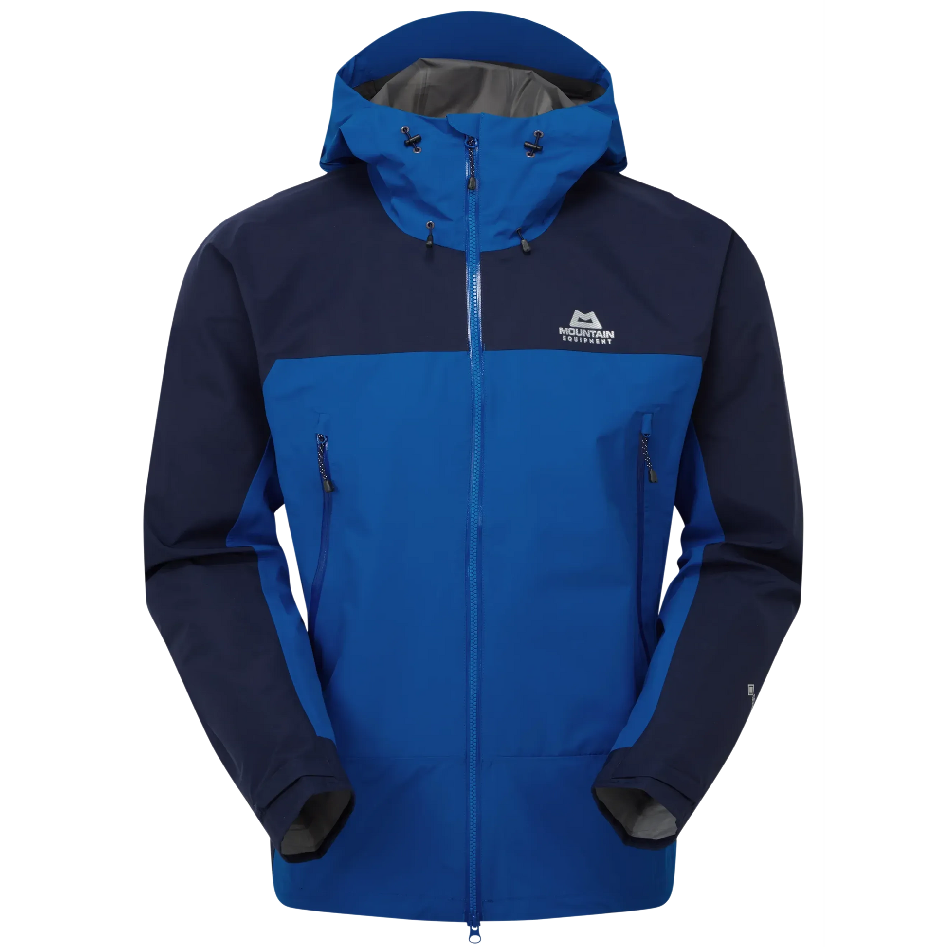 Mountain Equipment Saltoro GORE-TEX Men's Jacket in Acid/Fir Green - front view showing hybrid GORE-TEX and GORE-TEX Paclite construction