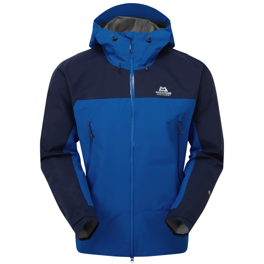 Mountain Equipment Saltoro GORE-TEX Men's Jacket in Acid/Fir Green - front view showing hybrid GORE-TEX and GORE-TEX Paclite construction