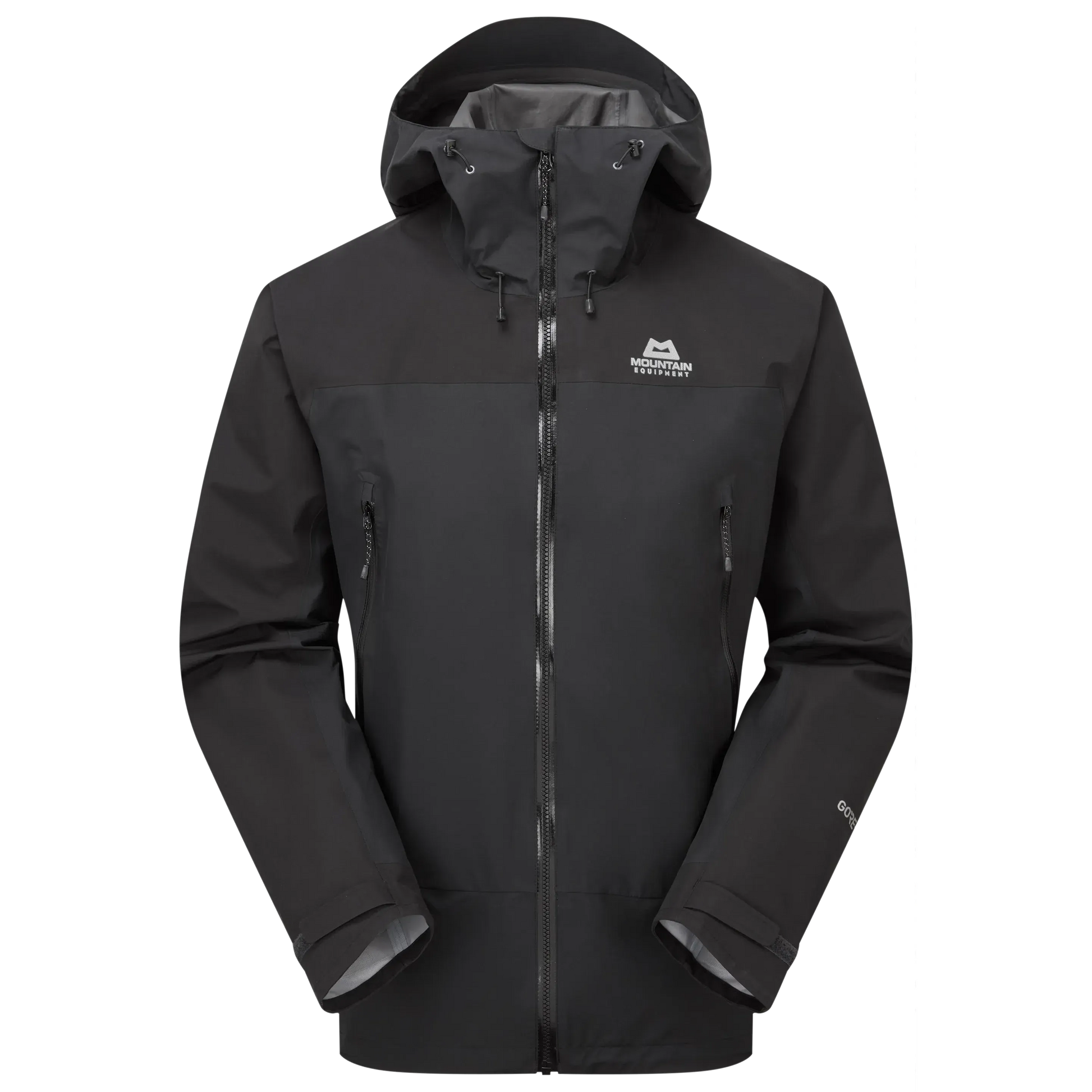 Mountain Equipment Saltoro GORE-TEX Men's Jacket in Black - front view showing hybrid GORE-TEX and GORE-TEX Paclite construction