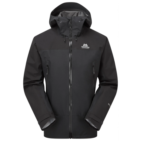 Mountain Equipment Saltoro GORE-TEX Men's Jacket in Black - front view showing hybrid GORE-TEX and GORE-TEX Paclite construction