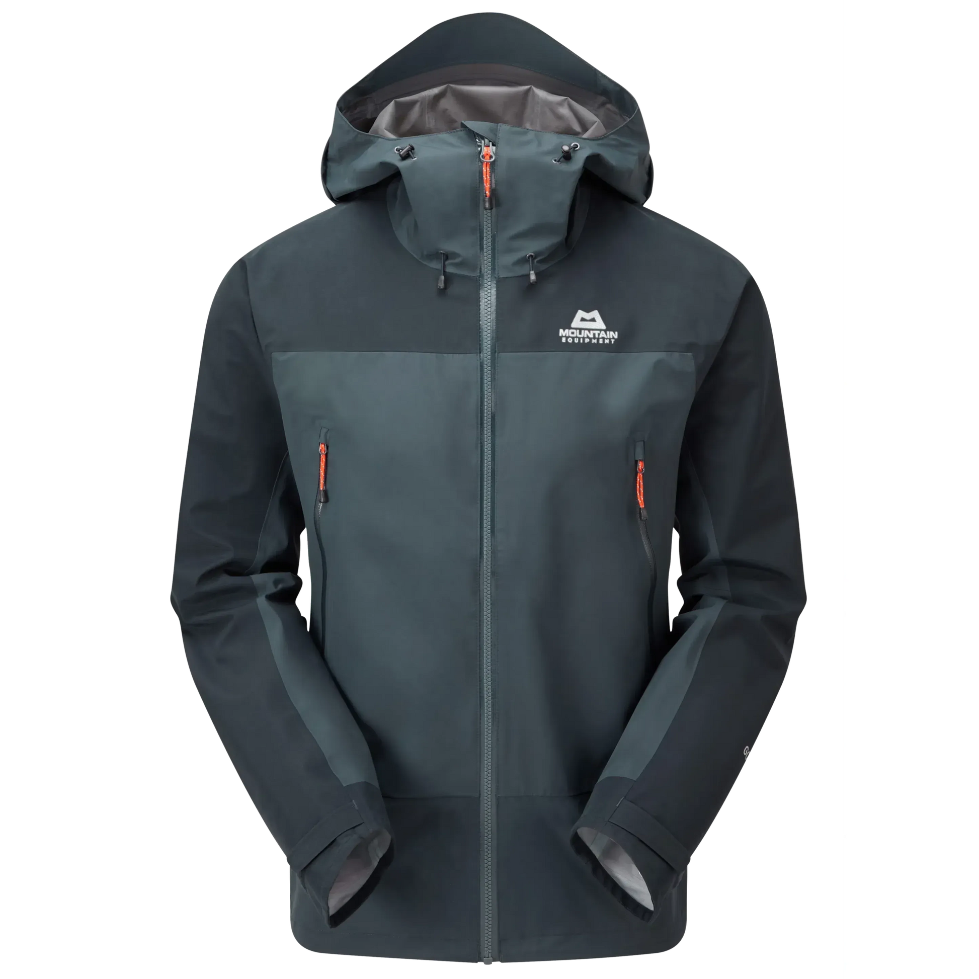 Mountain Equipment Saltoro GORE-TEX Men's Jacket in Blue Nights/Cosmos - front view showing hybrid GORE-TEX and GORE-TEX Paclite construction