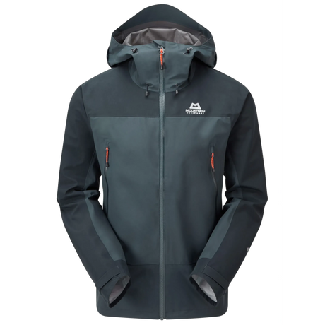 Mountain Equipment Saltoro GORE-TEX Men's Jacket in Blue Nights/Cosmos - front view showing hybrid GORE-TEX and GORE-TEX Paclite construction