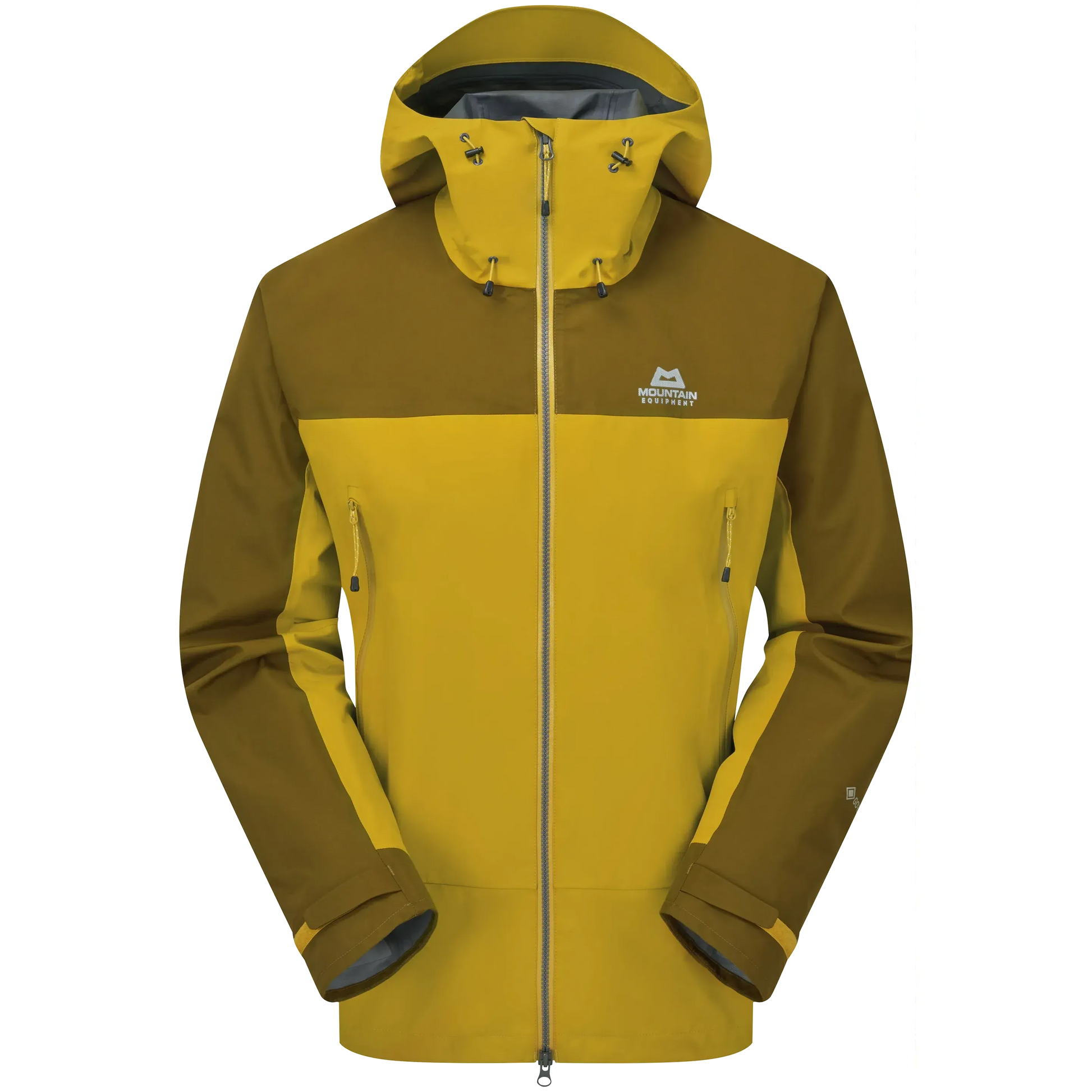 Mountain Equipment Saltoro GORE-TEX Men's Jacket in Lapis Blue/Medieval - front view showing hybrid GORE-TEX and GORE-TEX Paclite construction
