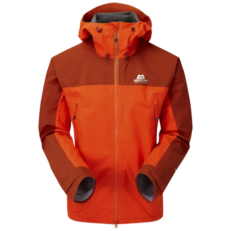 Mountain Equipment Saltoro GORE-TEX Men's Jacket in Magma/Bracken - front view showing hybrid GORE-TEX and GORE-TEX Paclite construction