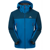 Mountain Equipment Saltoro GORE-TEX Men's Jacket in Mykonos/Majolica - front view showing hybrid GORE-TEX and GORE-TEX Paclite construction