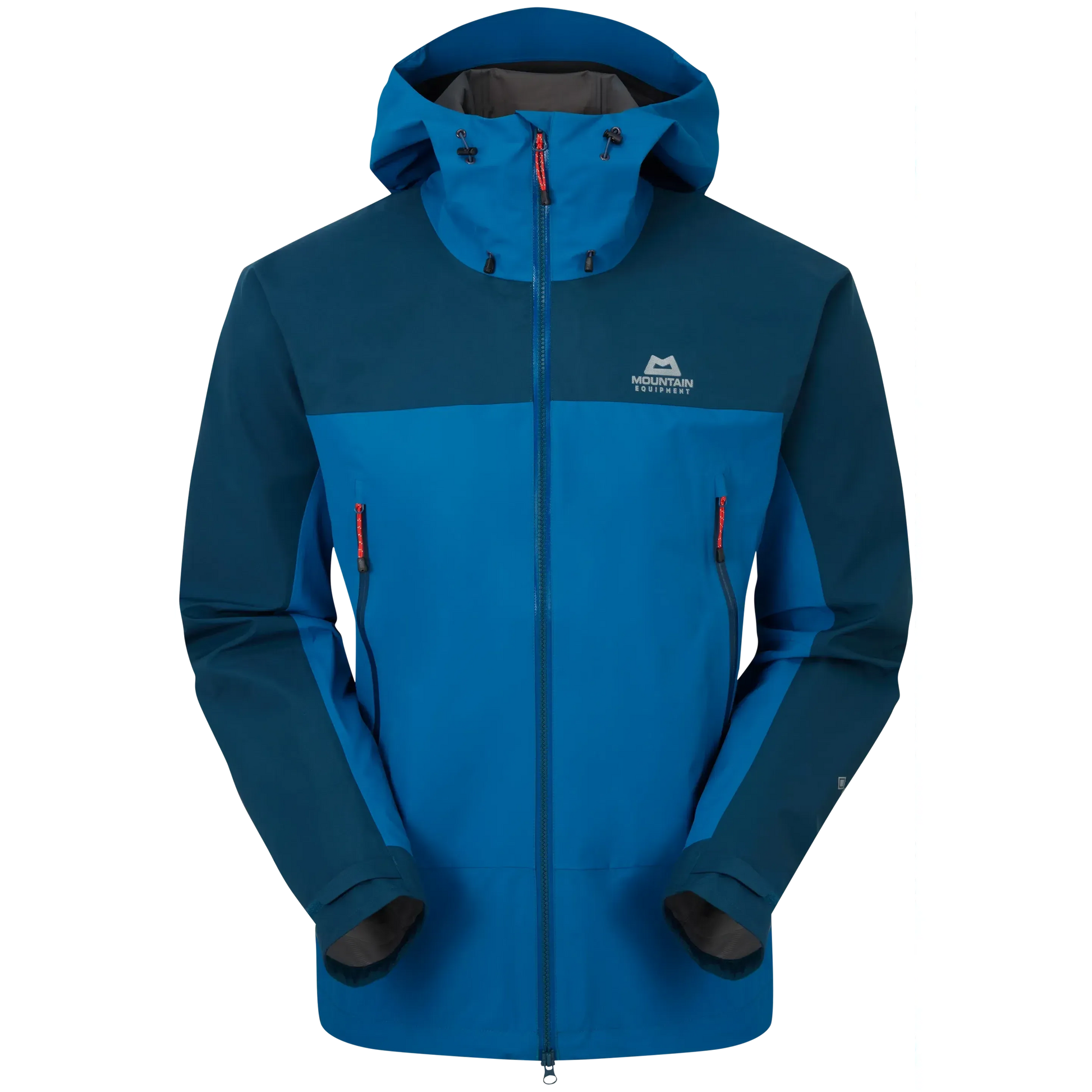 Mountain Equipment Saltoro GORE-TEX Men's Jacket in Mykonos/Majolica - front view showing hybrid GORE-TEX and GORE-TEX Paclite construction