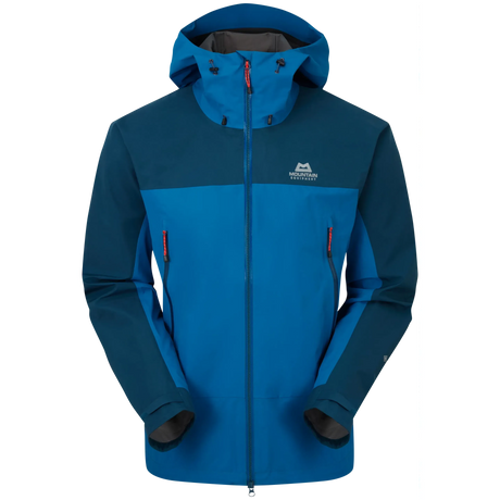 Mountain Equipment Saltoro GORE-TEX Men's Jacket in Mykonos/Majolica - front view showing hybrid GORE-TEX and GORE-TEX Paclite construction