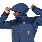 Fully adjustable helmet-compatible Mountain Hood detail on Mountain Equipment Saltoro GORE-TEX Men's Jacket in Dusk/Cosmos
