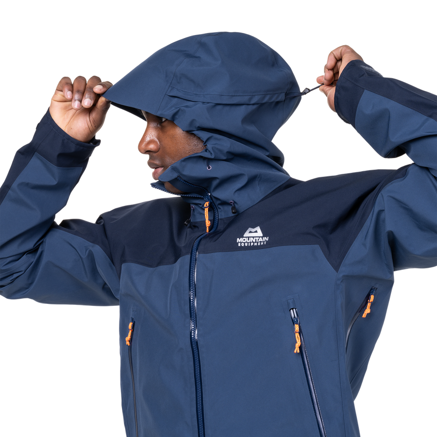 Fully adjustable helmet-compatible Mountain Hood detail on Mountain Equipment Saltoro GORE-TEX Men's Jacket in Dusk/Cosmos