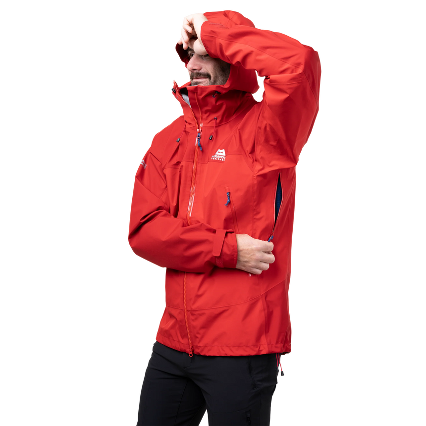 Dual tether hem drawcord detail on Mountain Equipment Saltoro GORE-TEX Men's Jacket in Imperial Red/Crimson