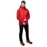 Fully adjustable helmet-compatible Mountain Hood detail on Mountain Equipment Saltoro GORE-TEX Men's Jacket in Imperial Red/Crimson
