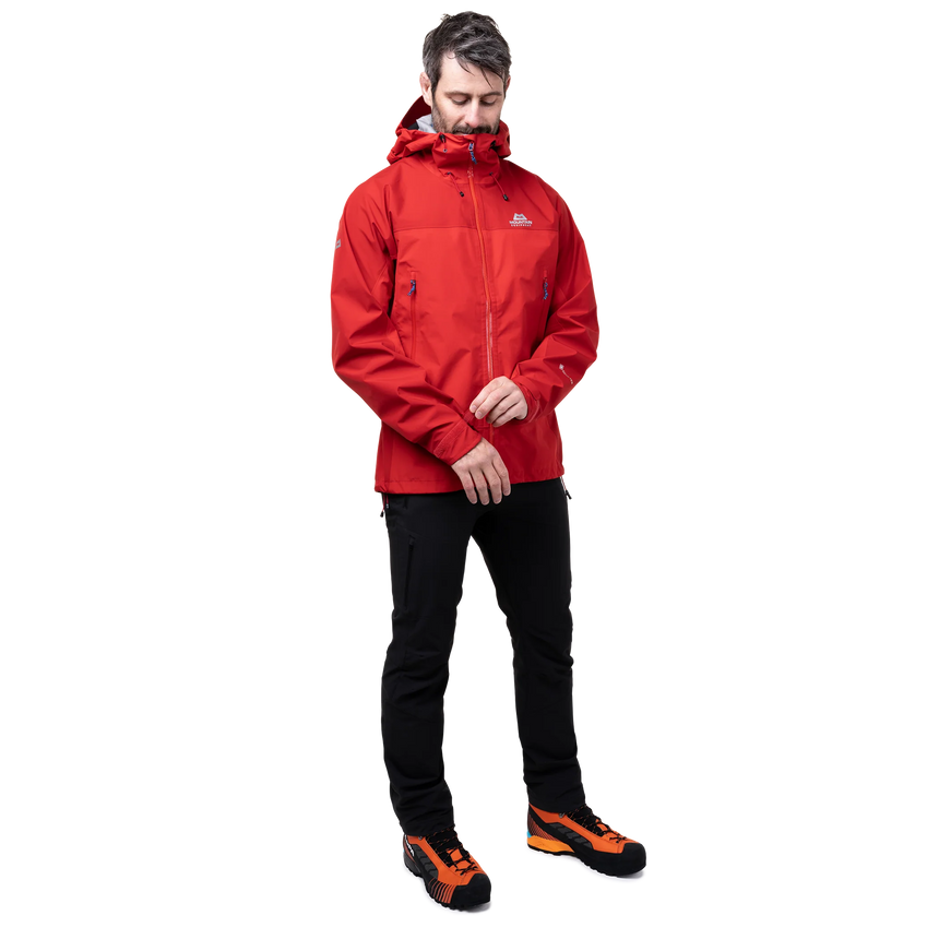 Fully adjustable helmet-compatible Mountain Hood detail on Mountain Equipment Saltoro GORE-TEX Men's Jacket in Imperial Red/Crimson