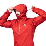Mountain Equipment Saltoro GORE-TEX Men's Jacket in Imperial Red/Crimson - side view showing YKK WR underarm venting zips and adjustable laminated cuffs