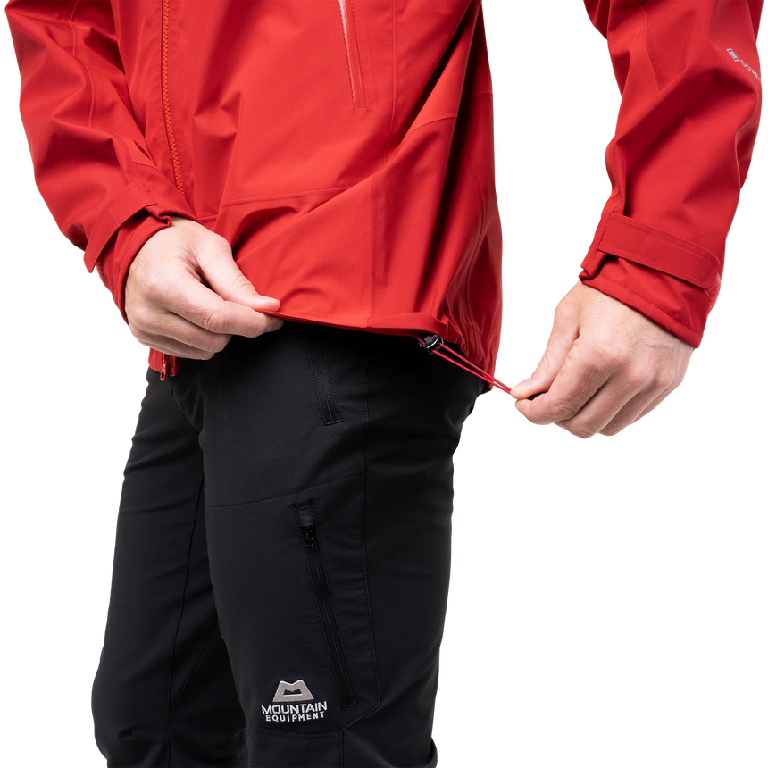Full-length 2-way YKK moulded Aquaguard centre front zip detail on Mountain Equipment Saltoro GORE-TEX Men's Jacket in Imperial Red/Crimson