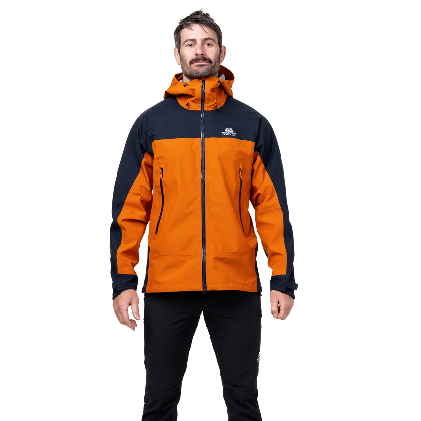 Mountain Equipment Saltoro GORE-TEX Men's Jacket in Rust/Cosmos - side view showing YKK WR underarm venting zips and adjustable laminated cuffs