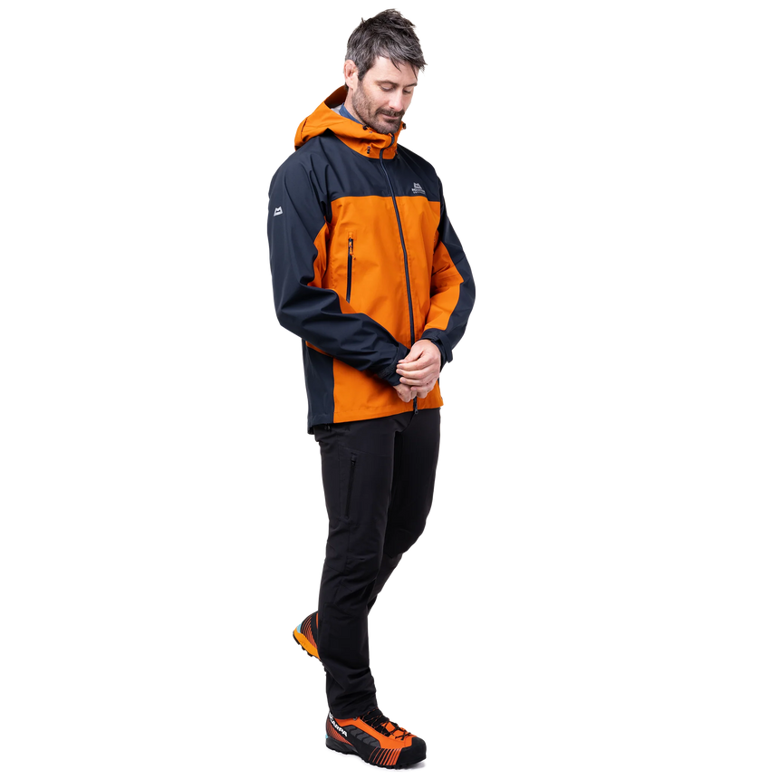 Full-length 2-way YKK moulded Aquaguard centre front zip detail on Mountain Equipment Saltoro GORE-TEX Men's Jacket in Rust/Cosmos