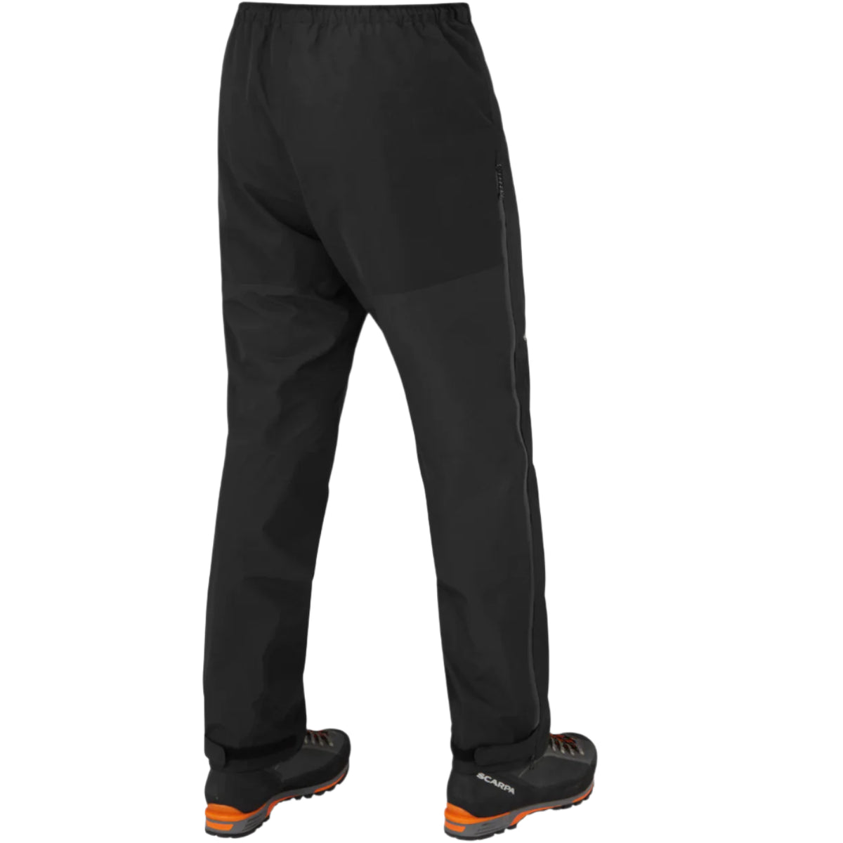 Mountain Equipment Saltoro GORE-TEX Men's Pant in Black - detail view showing 2-way YKK WR side zip and adjustable hem