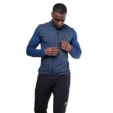 Mountain Equipment Switch Men's Vest in Dusk/Cosmos - detail view showing YKK centre front zip and zipped chest pocket