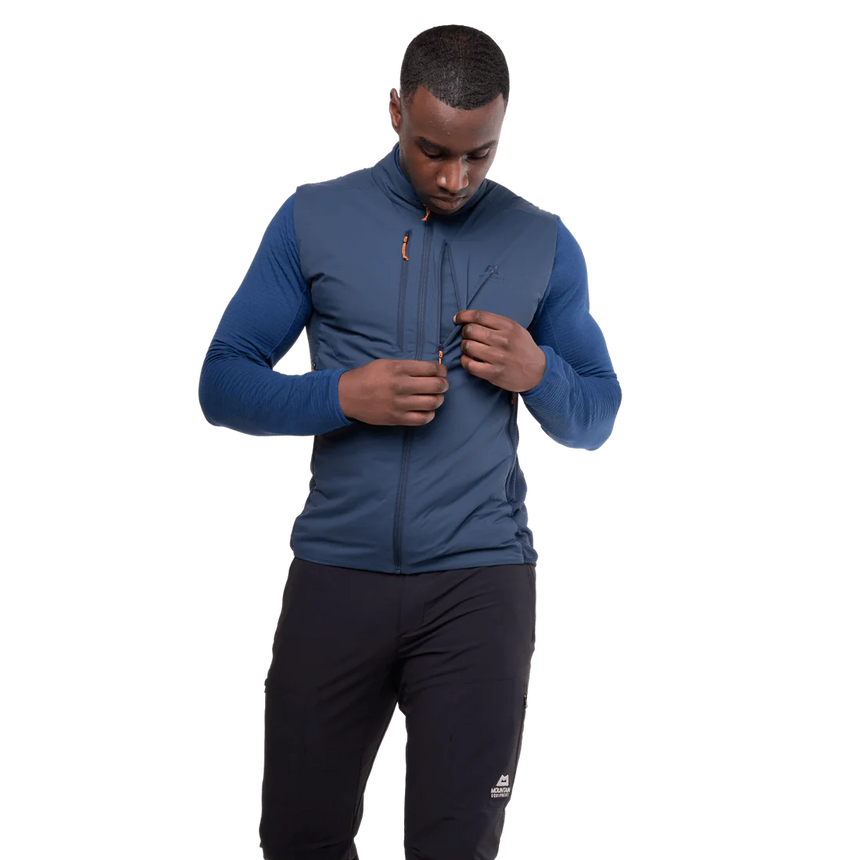 Mountain Equipment Switch Men's Vest in Dusk/Cosmos - detail view showing YKK centre front zip and zipped chest pocket