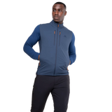 Mountain Equipment Switch Men's Vest in Dusk/Cosmos - detail view showing zipped hand pocket positioned for use with a harness or rucksack waistbelt