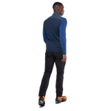 Mountain Equipment Switch Men's Vest in Dusk/Cosmos - detail view showing elasticated armhole and flatlocked seam construction