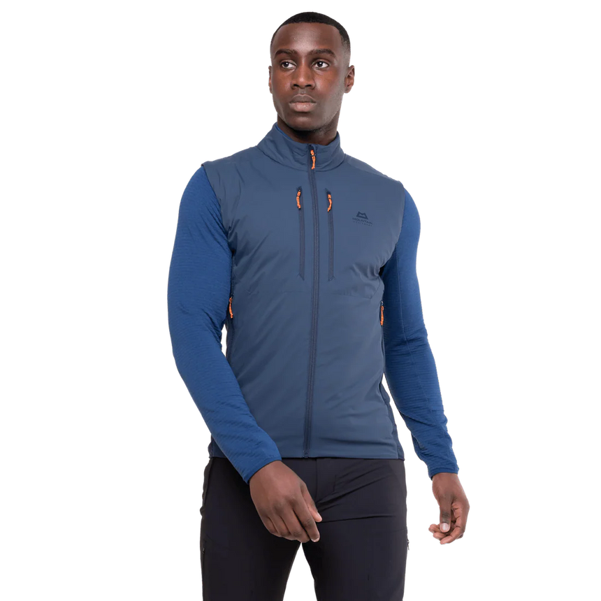 Mountain Equipment Switch Men's Vest in Dusk/Cosmos - front view showing 20D RS Nylon outer and Octayarn warp-knit lining