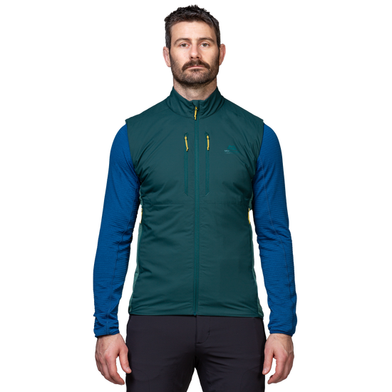 Mountain Equipment Switch Men's Vest in Pine/Fern - back view showing Pontetorto Tecnostretch back and side panels