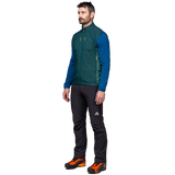 Mountain Equipment Switch Men's Vest in Pine/Fern - detail view showing YKK centre front zip and zipped chest pocket