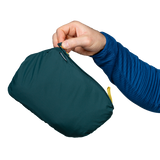 Mountain Equipment Switch Men's Vest in Pine/Fern - lifestyle view showing hybrid insulated vest for alpine climbing and ski touring