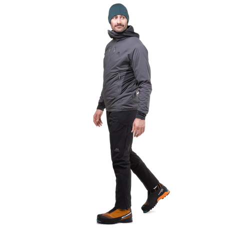 Mountain Equipment Switch Pro Hooded Men's Jacket in Anvil Grey - back view showing active fit and Pontetorto Tecnostretch side panels