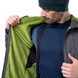 Mountain Equipment Switch Pro Hooded Men's Jacket in Anvil Grey - detail view showing zipped hand pocket with twin carabiner carry loops