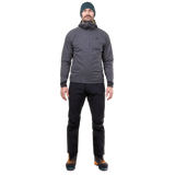 Mountain Equipment Switch Pro Hooded Men's Jacket in Anvil Grey packed into hand pocket showing lightweight packable construction with twin carabiner carry loops