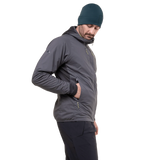 Mountain Equipment Switch Pro Hooded Men's Jacket in Anvil Grey - side view showing elastane bound hem and low bulk cuffs with thumb loops